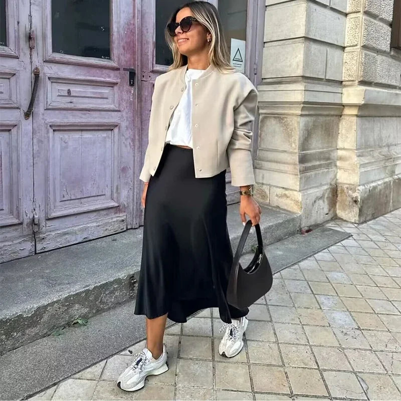 Satin Midi Skirt – Sleek Silhouette – Effortless Chic Style
