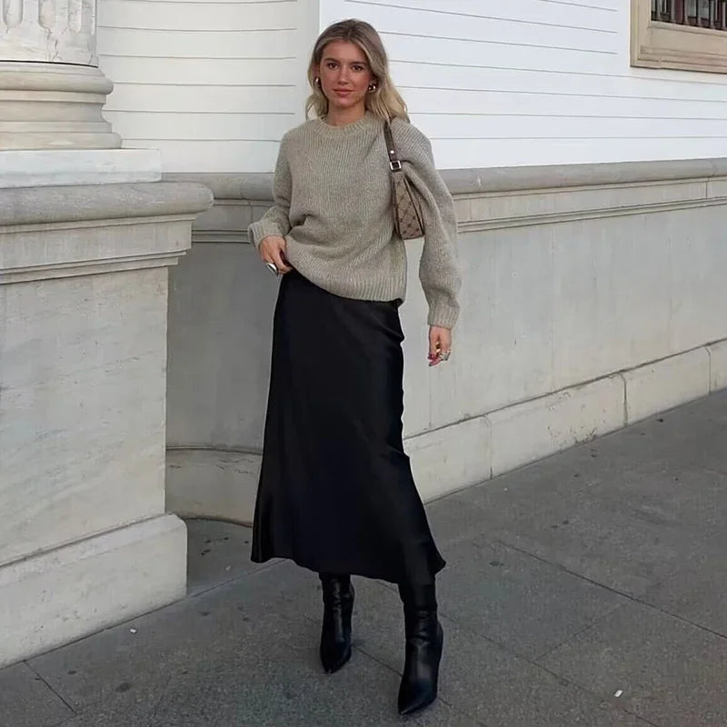 Satin Midi Skirt – Sleek Silhouette – Effortless Chic Style