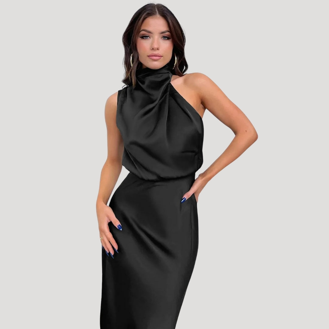 Satin Maxi Dress – Halter Neck – Elegant Wedding Guest Look 0