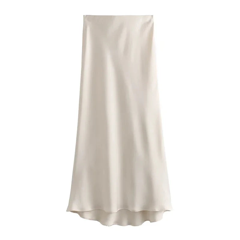 White Satin Midi Skirt for Women - High-Waisted, Flattering Design, Elegant Versatile Style - 4
