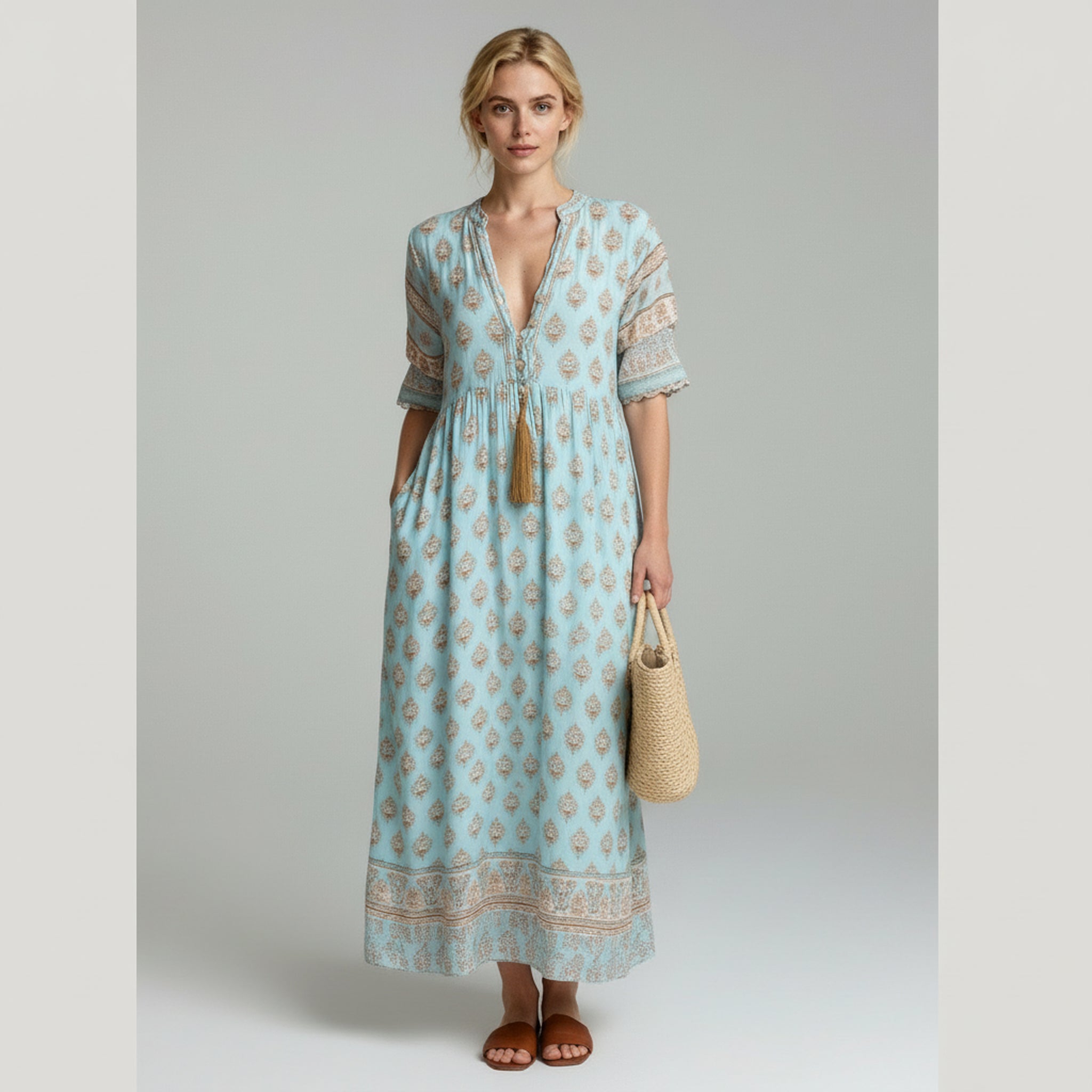 woman wearing blue summer dress with a handbag on a plain background
