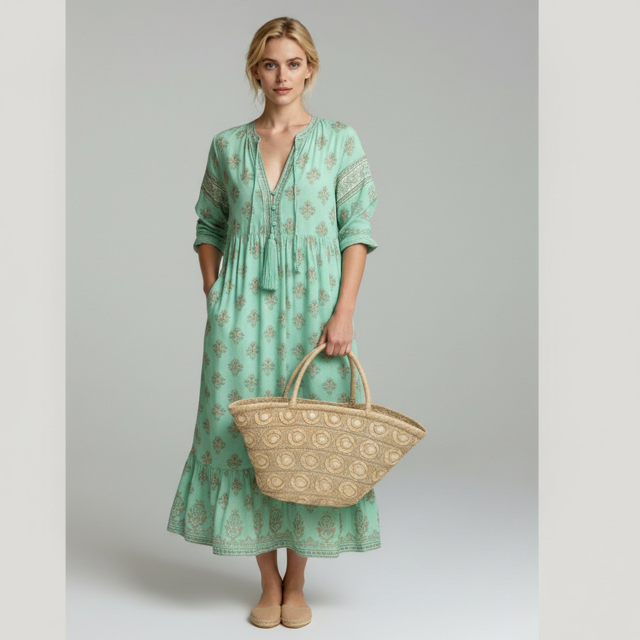 woman wearing green summer dress on a lain background