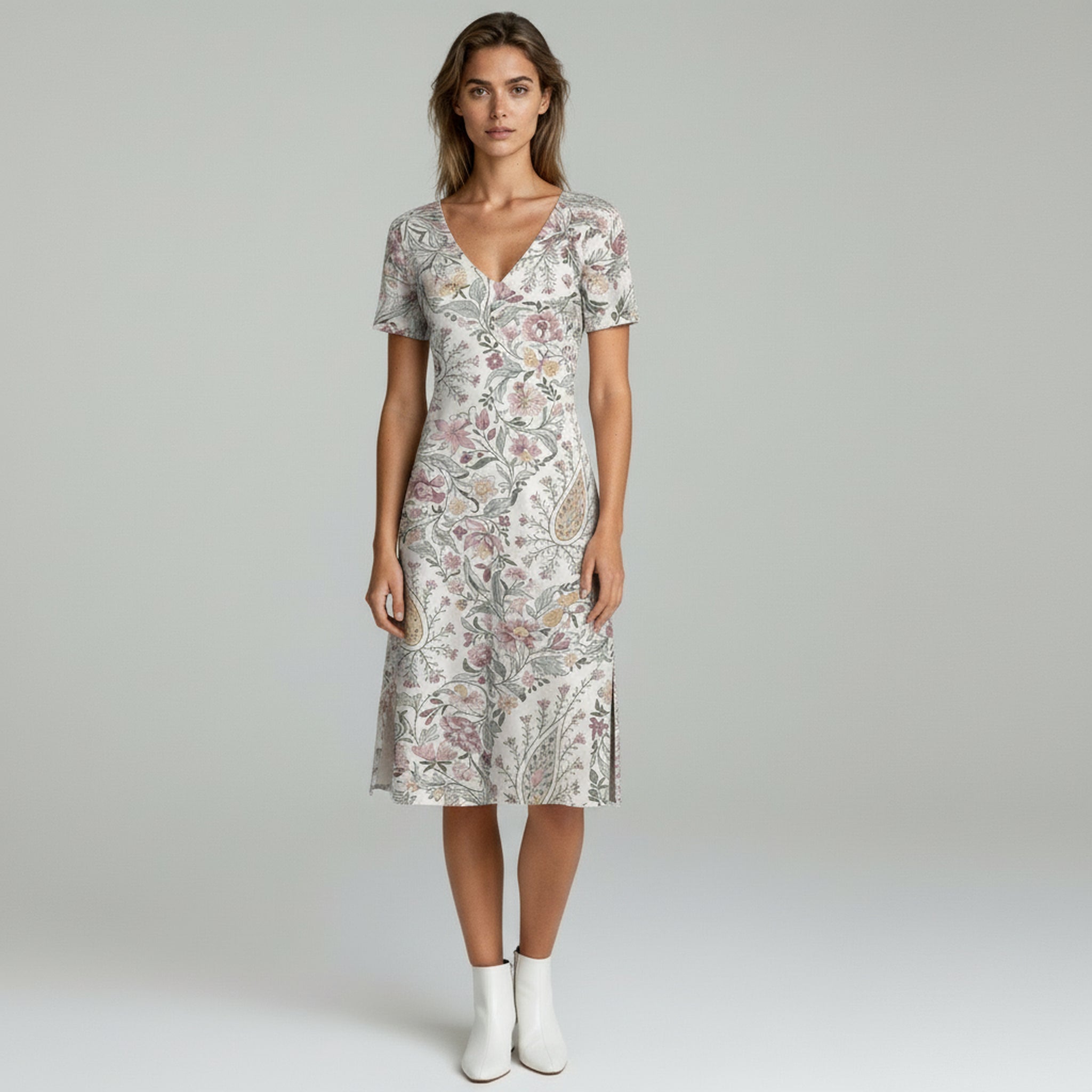 woman wearing beige summer dress on a plain background