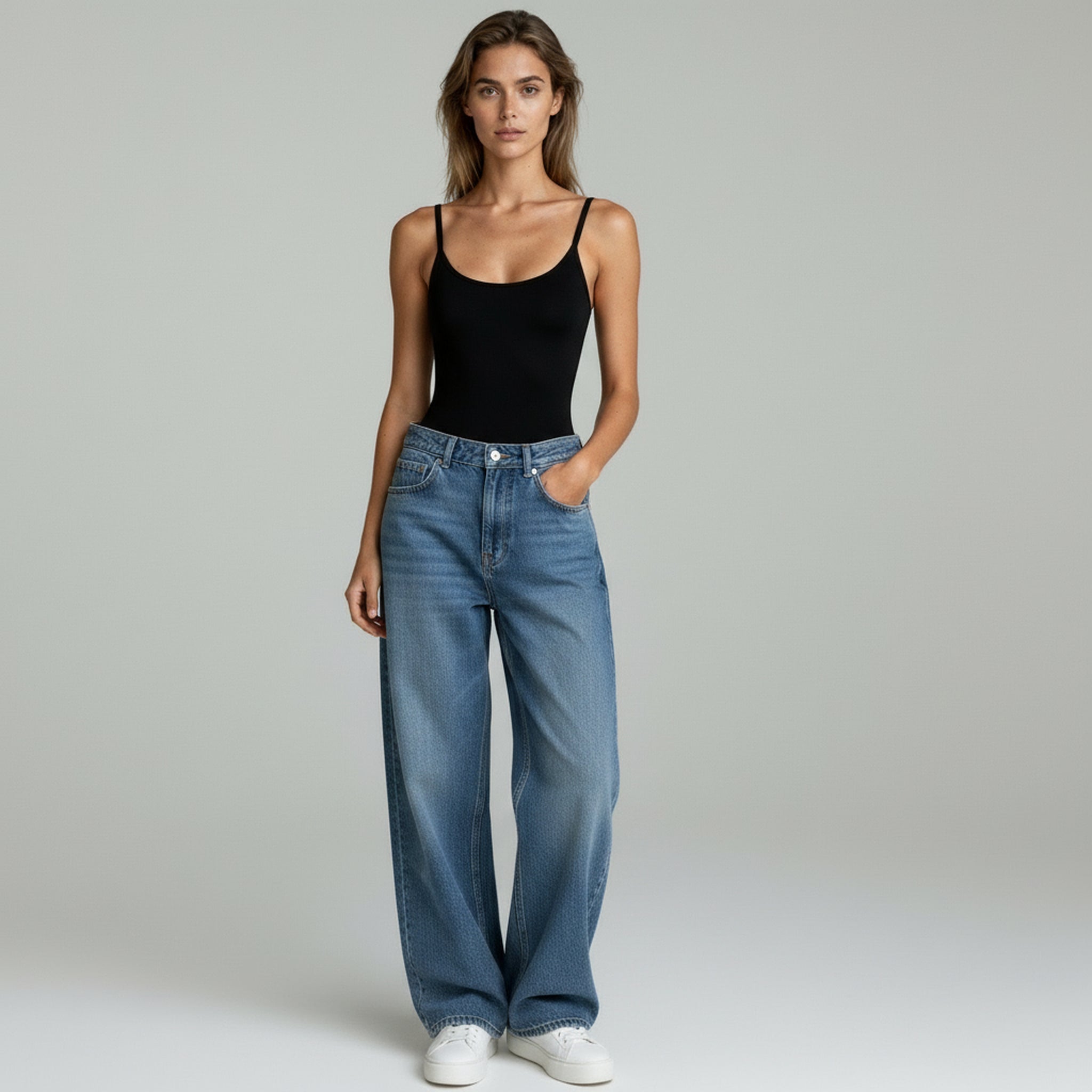 Woman wearing a black sleeveless bodysuit paired with high-waisted wide-leg blue jeans and white sneakers, standing against a neutral studio background.