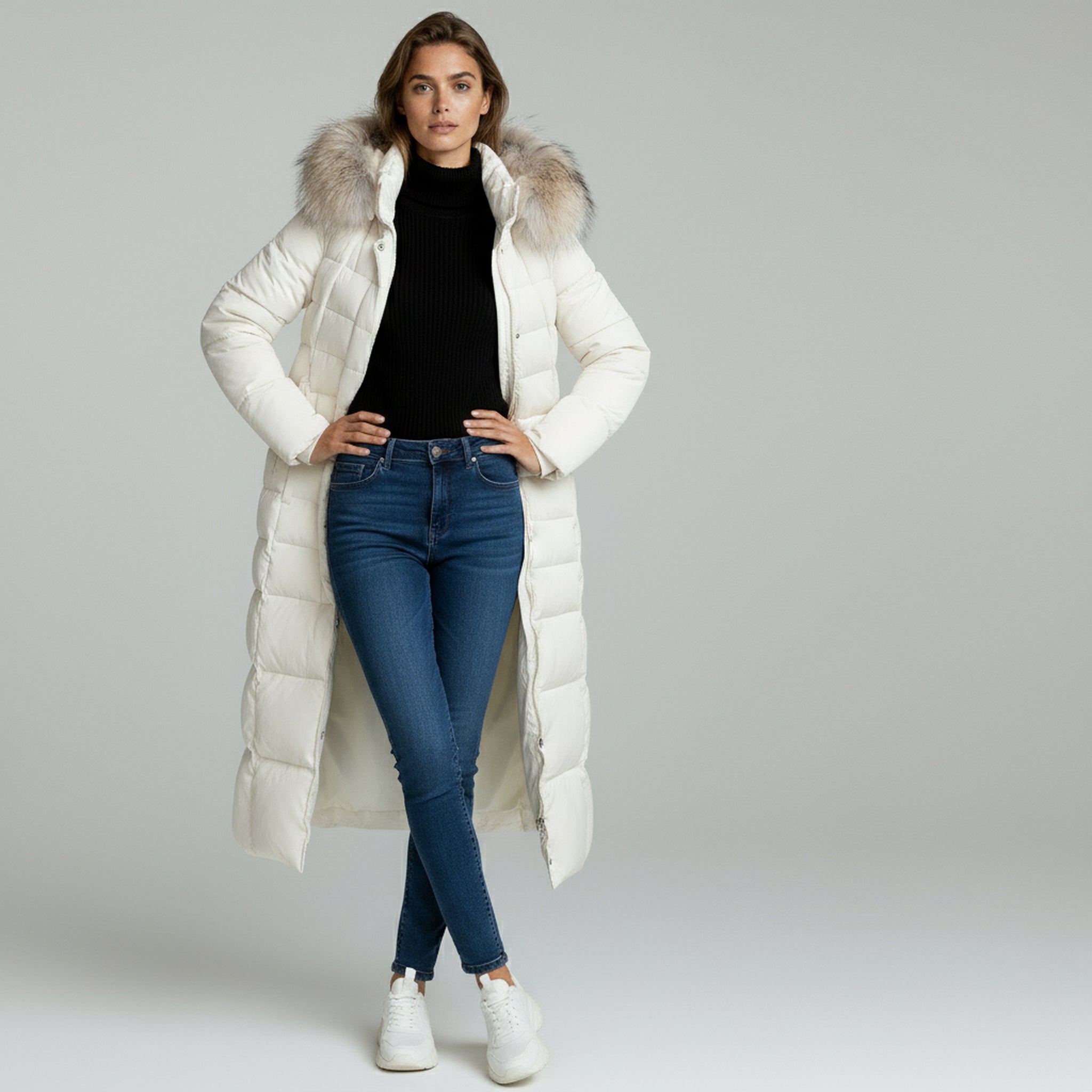 lady wearing white winter coat and black inner top and pants on a plain background