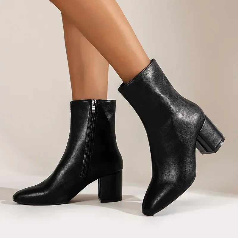 Women’s Ankle Boots – Sleek Fit – Pointed Toe – Block Heel – Side Zip Closure 0