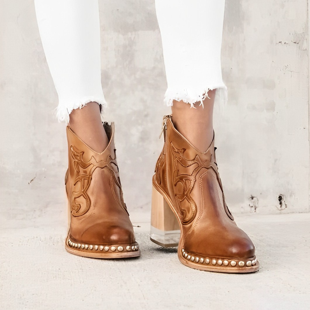 Women’s Ankle Boots – Smooth Leather – Embroidered Upper – Studded Sole – Block Heel 1