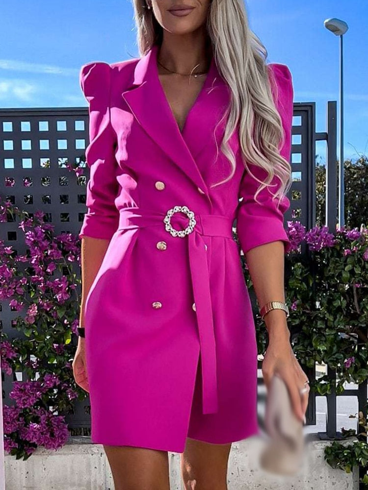 Women’s Blazer Dress – Tailored Fit – Double-Breasted – Belted Waist – Padded Shoulders 6