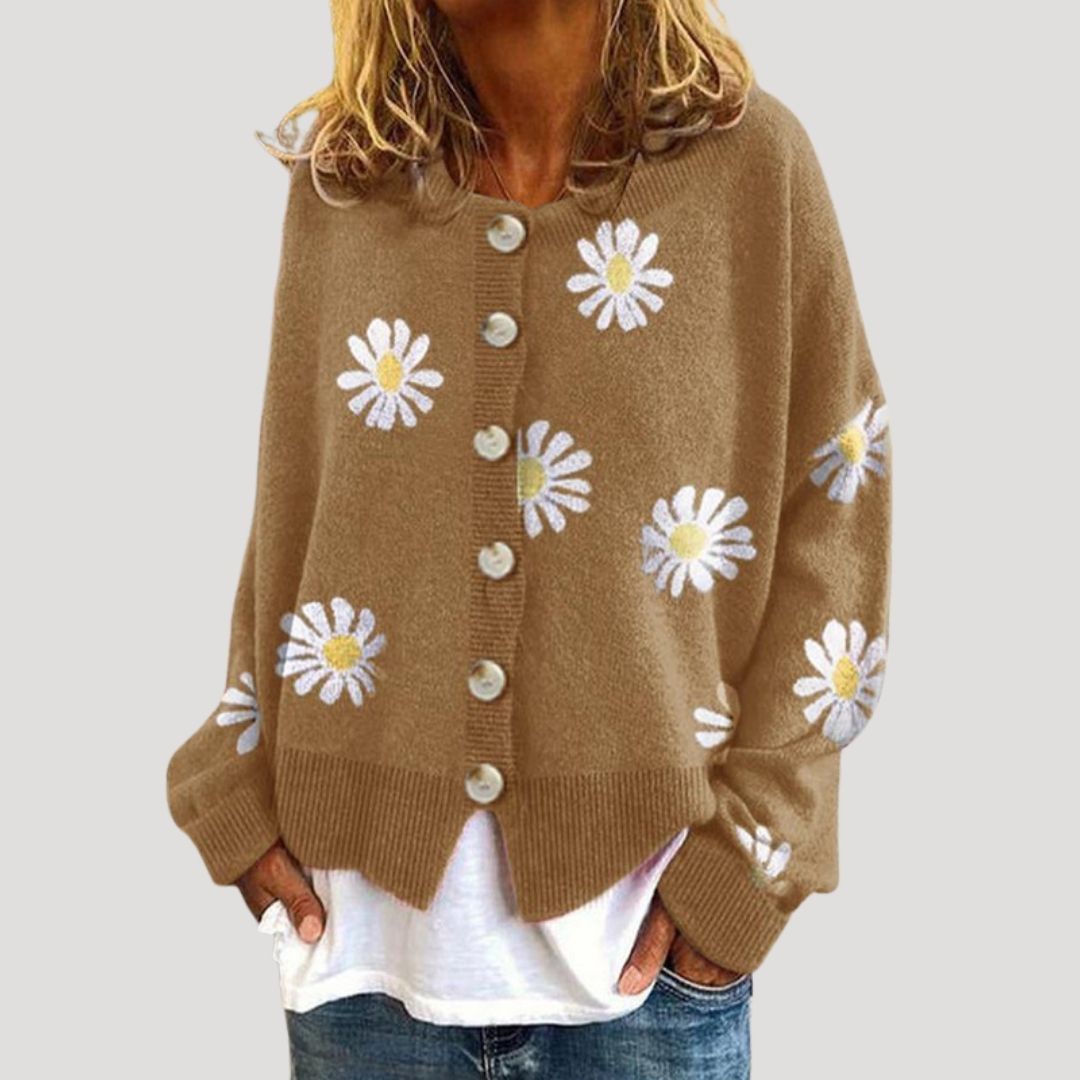 Women's Cardigan White Size M Knitted Daisy Print 0