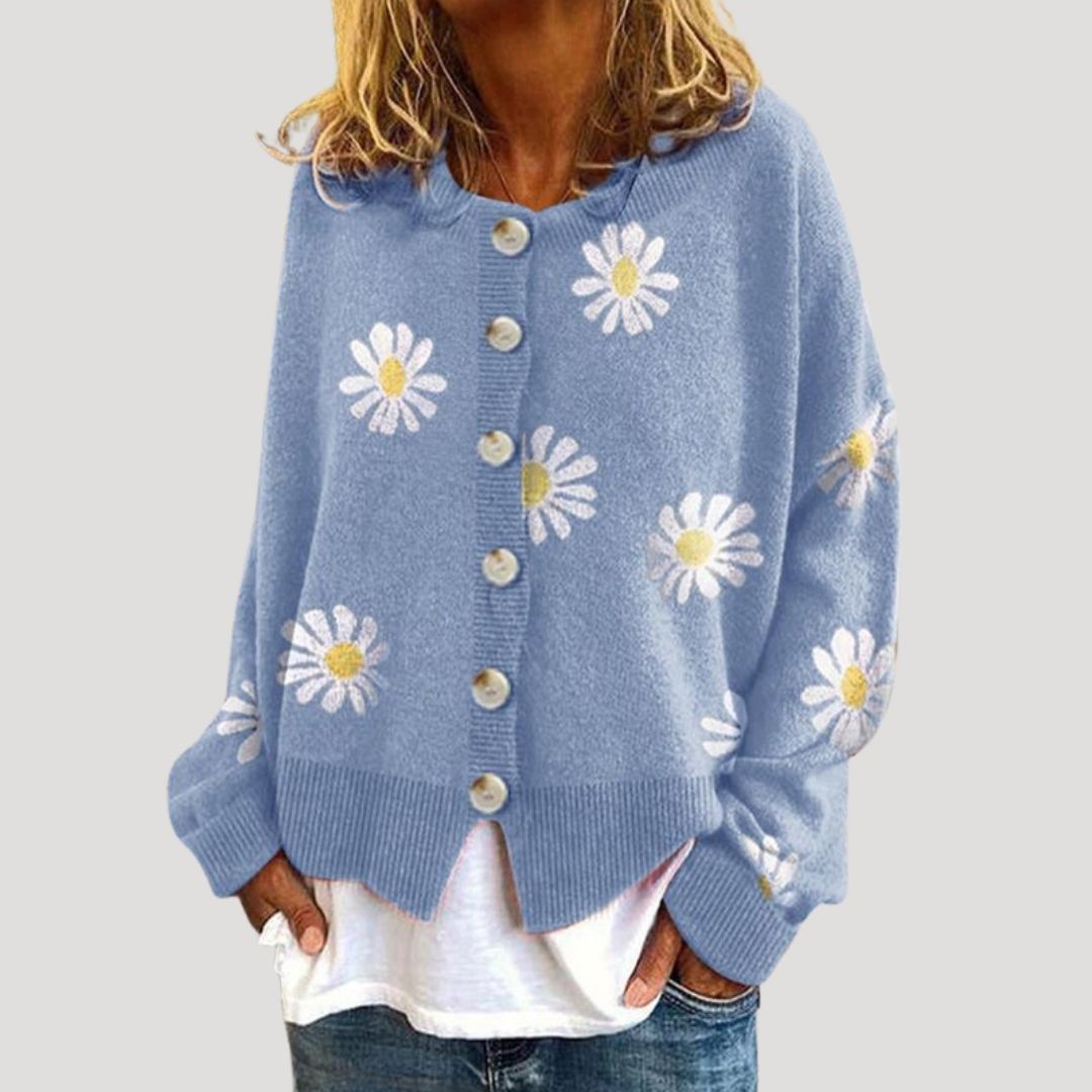 Women's Cardigan White Size M Knitted Daisy Print 1