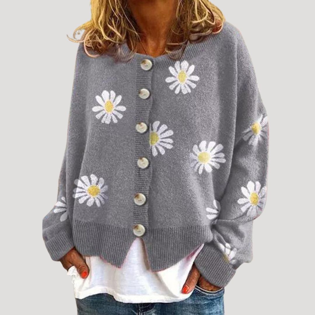 Women's Cardigan White Size M Knitted Daisy Print 2