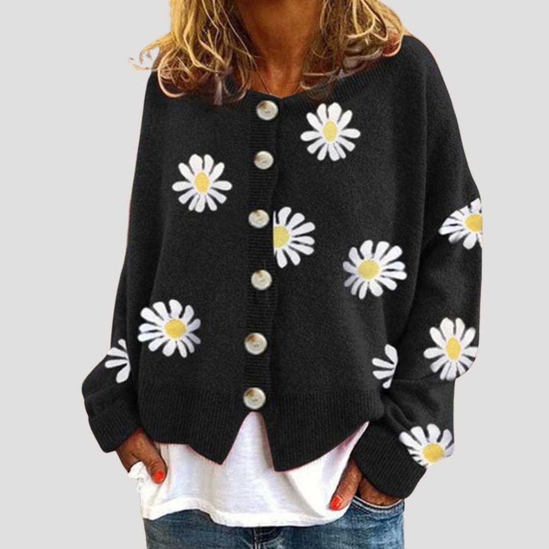 Women's Cardigan White Size M Knitted Daisy Print 3