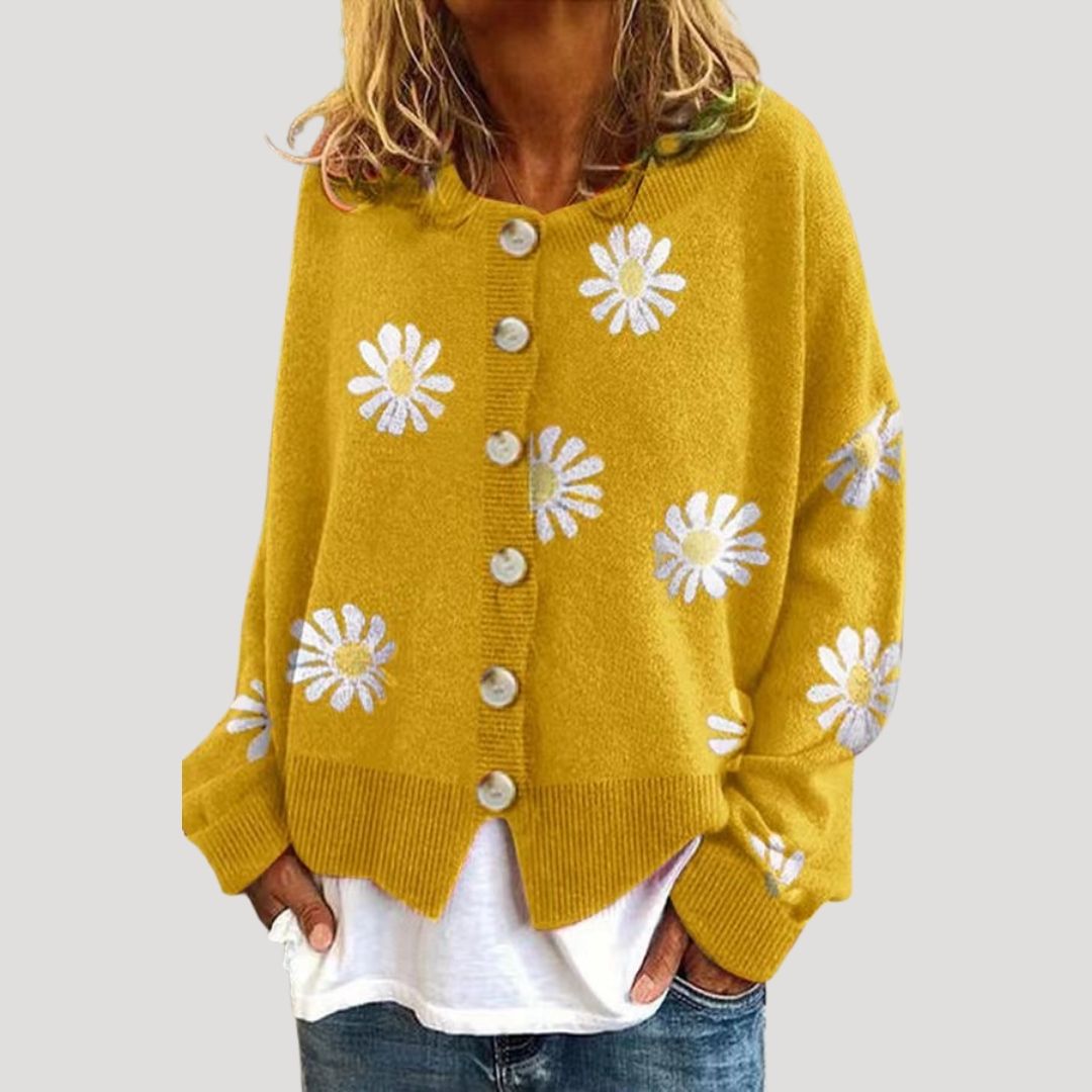Women's Cardigan White Size M Knitted Daisy Print 4