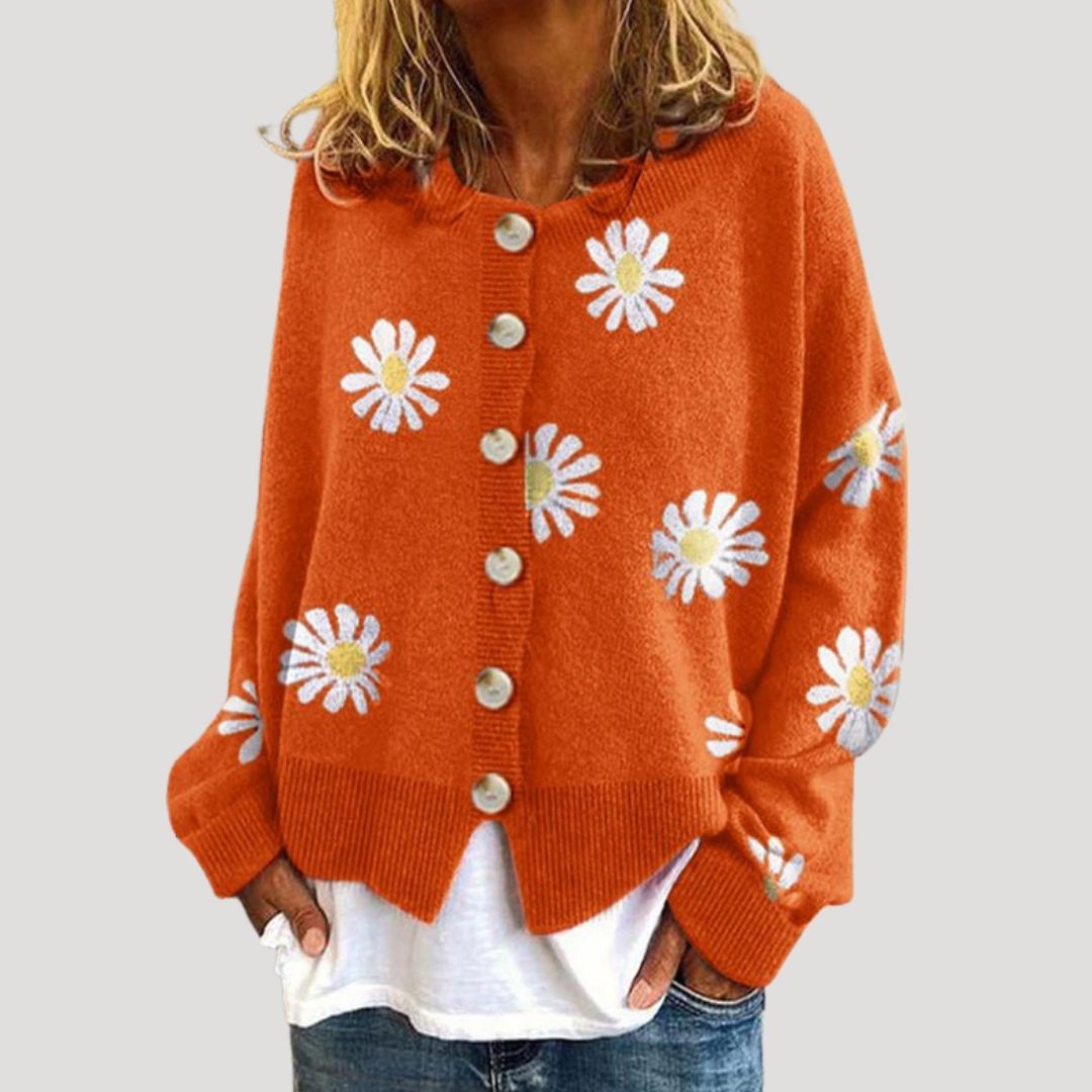 Women's Cardigan White Size M Knitted Daisy Print 5