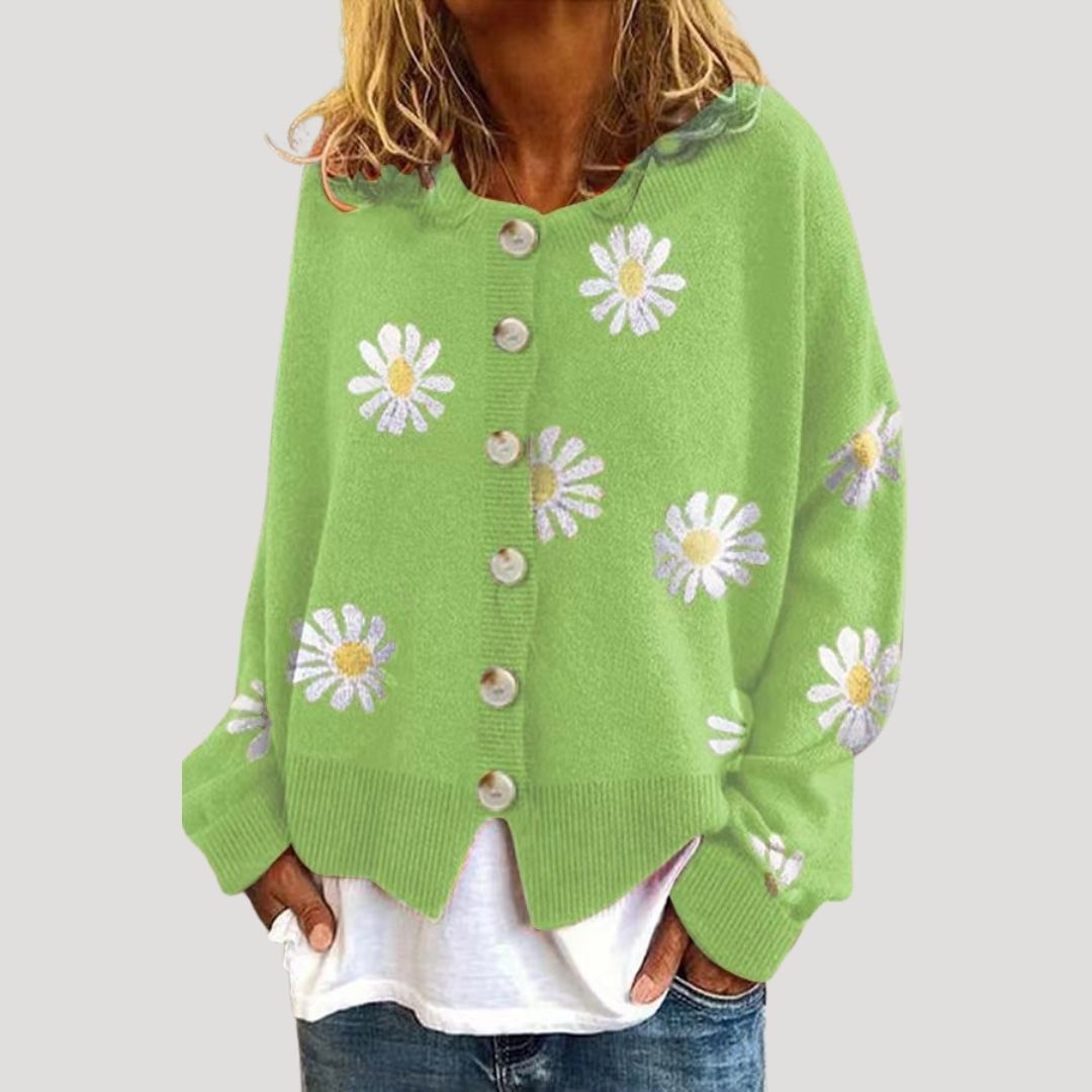 Women's Cardigan White Size M Knitted Daisy Print 6