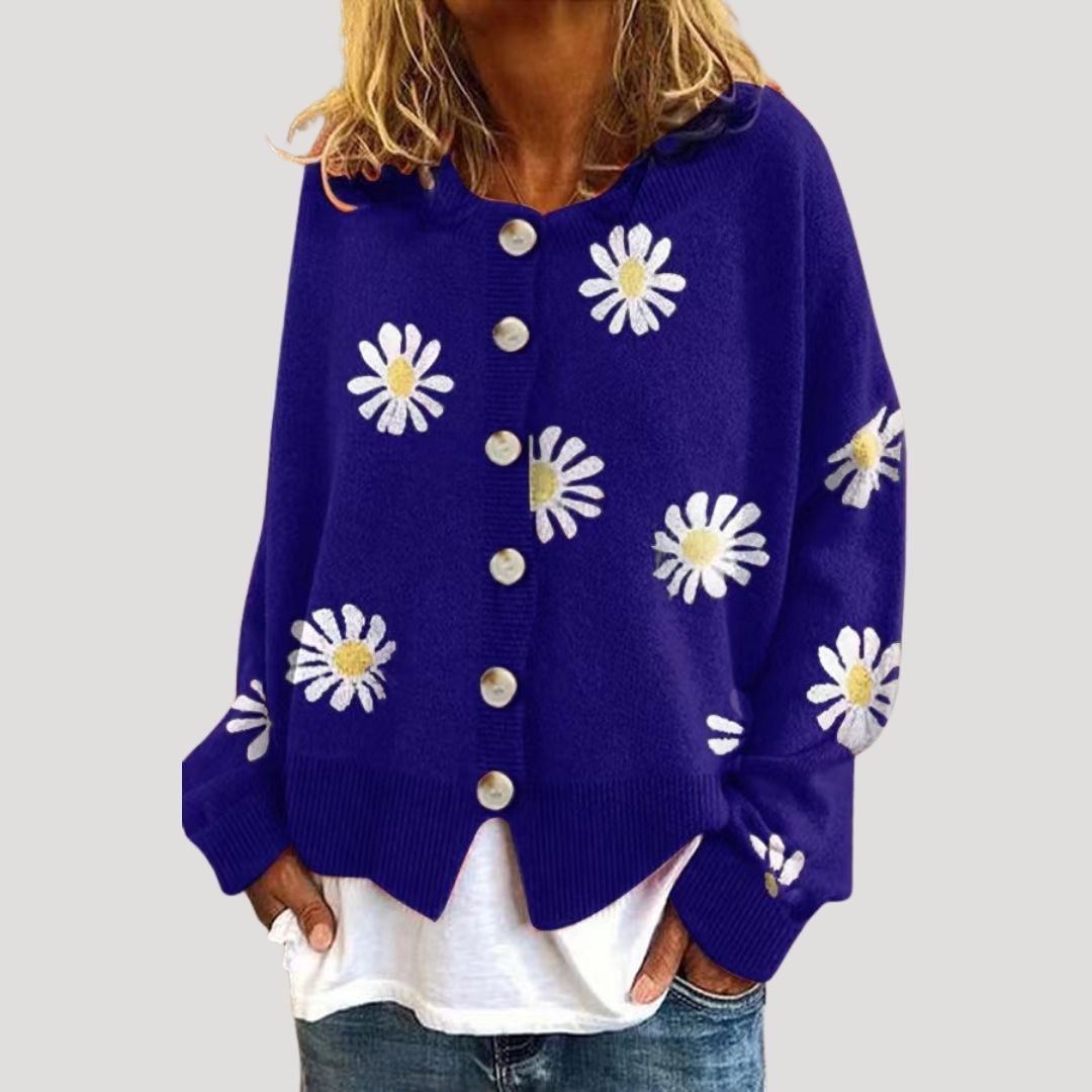 Women's Cardigan White Size M Knitted Daisy Print 7