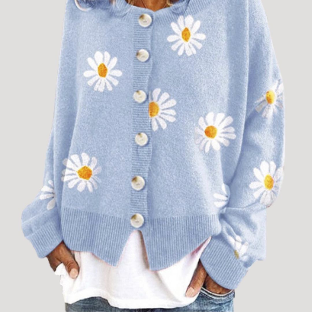 Women's Cardigan White Size M Knitted Daisy Print 8