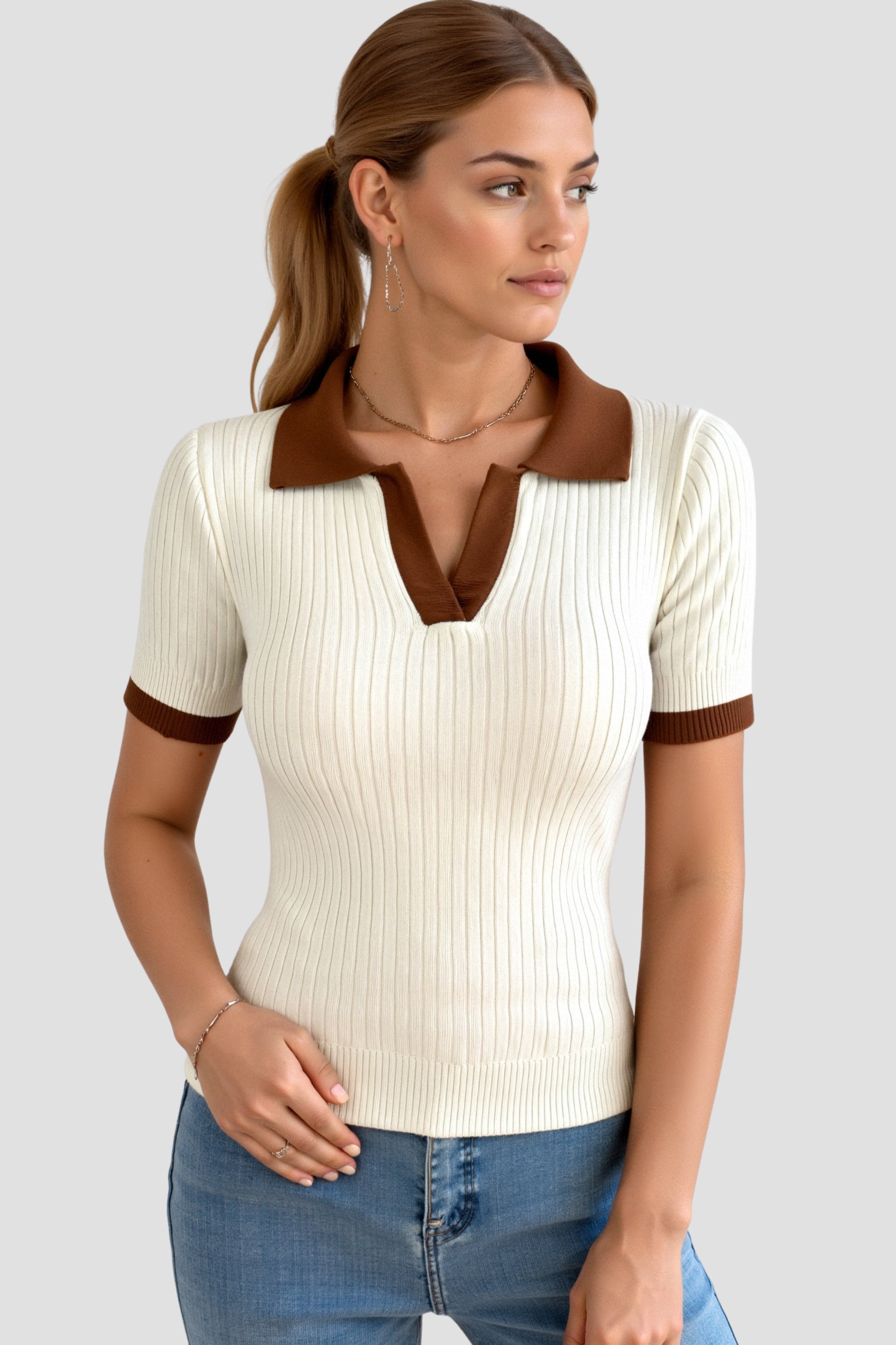 Women's Color Block Polo Shirt with Notched Collar 1
