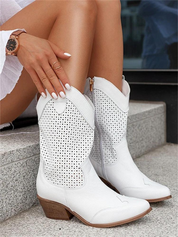 Women’s Cowboy Boots – Leather – Mid-Calf – Perforated – Medium Heel – Side Zip 1