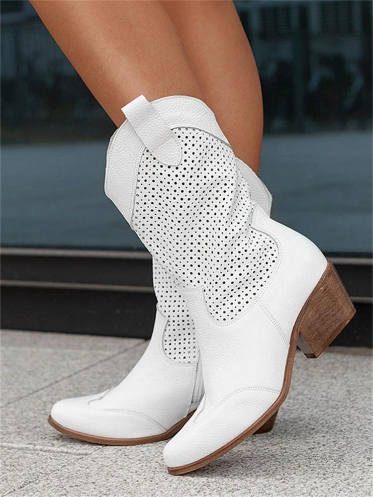 Women’s Cowboy Boots – Leather – Mid-Calf – Perforated – Medium Heel – Side Zip 2