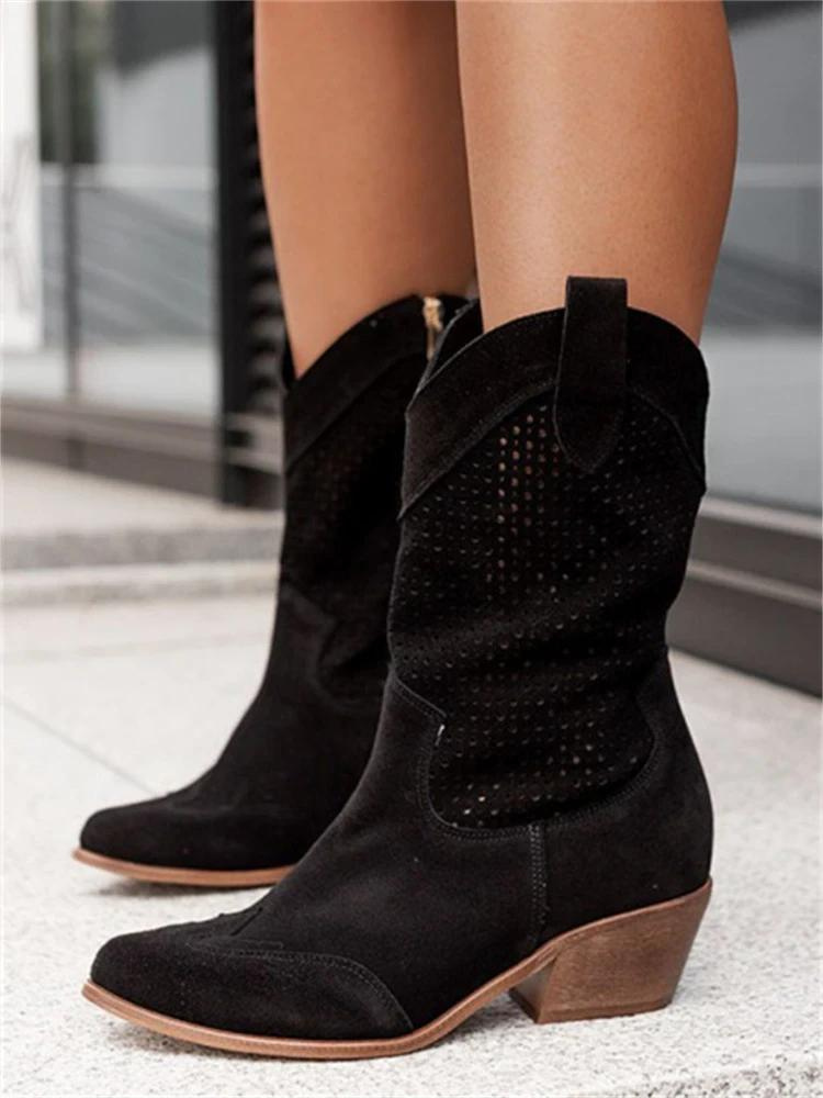 Women’s Cowboy Boots – Leather – Mid-Calf – Perforated – Medium Heel – Side Zip 3