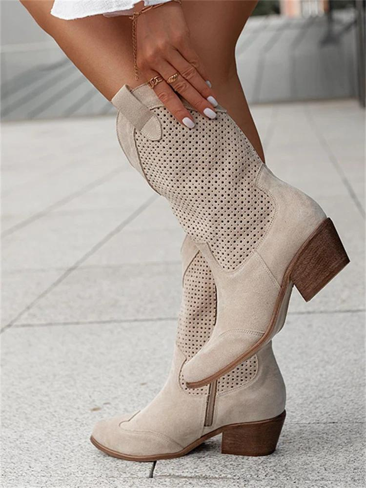 Women’s Cowboy Boots – Leather – Mid-Calf – Perforated – Medium Heel – Side Zip 4
