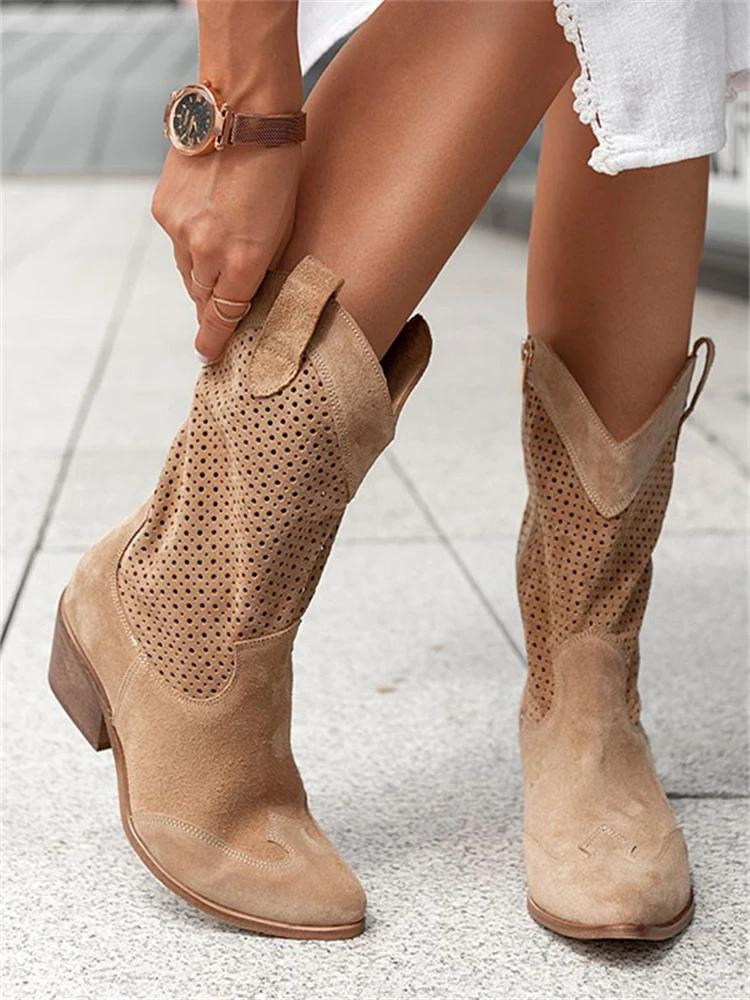 Women’s Cowboy Boots – Leather – Mid-Calf – Perforated – Medium Heel – Side Zip 5