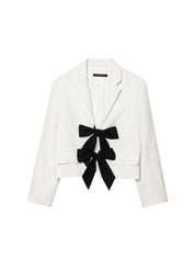 Women's Cropped Blazer White Size M Cotton with Bow Detail 4