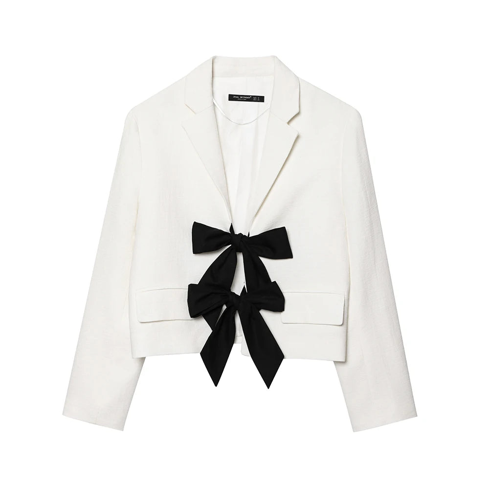 Women's Cropped Blazer White Size M Cotton with Bow Detail 5