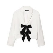Women's Cropped Blazer White Size M Cotton with Bow Detail 5