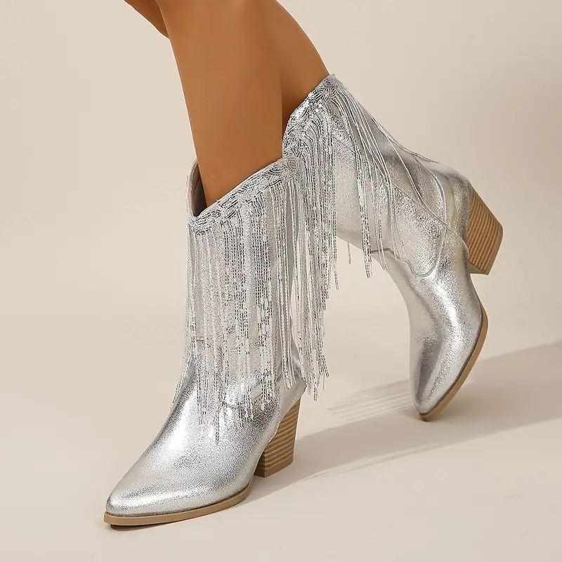 Women’s Mid-Calf Boots – Pointed Toe – Chunky Heel – Sequin Finish – Fringe Detail 0