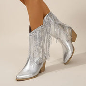 Women’s Mid-Calf Boots – Pointed Toe – Chunky Heel – Sequin Finish – Fringe Detail 0