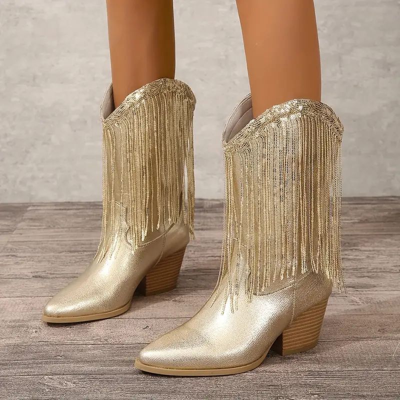 Women’s Mid-Calf Boots – Pointed Toe – Chunky Heel – Sequin Finish – Fringe Detail 1