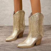 Women’s Mid-Calf Boots – Pointed Toe – Chunky Heel – Sequin Finish – Fringe Detail 1