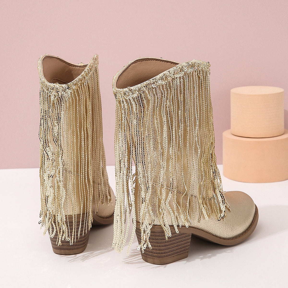 Women’s Mid-Calf Boots – Pointed Toe – Chunky Heel – Sequin Finish – Fringe Detail 2