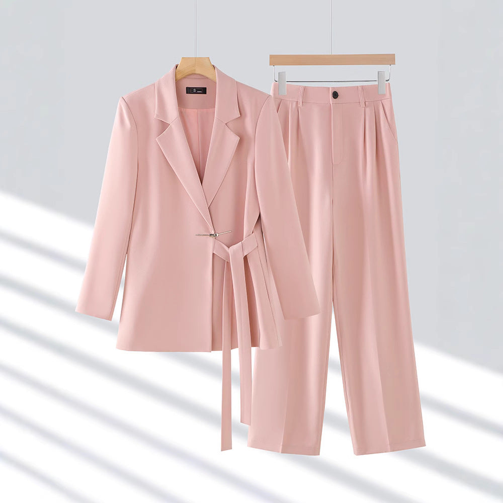 Women's Suit Set with Wide-Leg Trousers and Belted Waist Blazer – Tailored Fit for Business and Formal Occasions 0