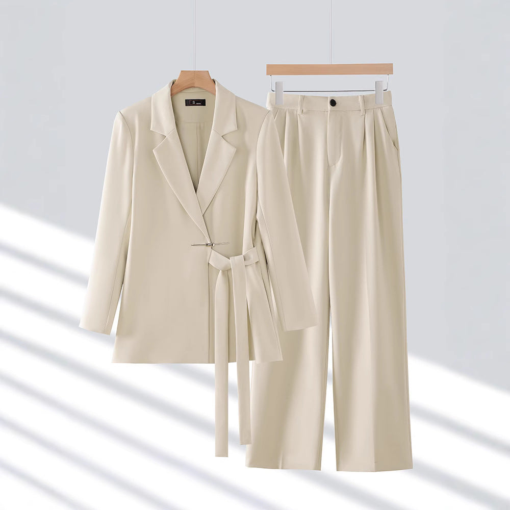 Women's Suit Set with Wide-Leg Trousers and Belted Waist Blazer – Tailored Fit for Business and Formal Occasions 1
