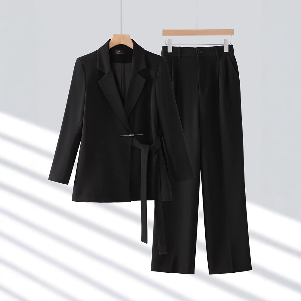 Women's Suit Set with Wide-Leg Trousers and Belted Waist Blazer – Tailored Fit for Business and Formal Occasions 2