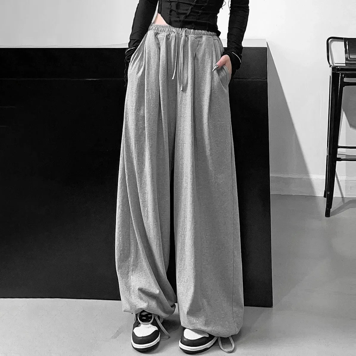 Women's Wide Leg Pants Black Size M Cotton 0