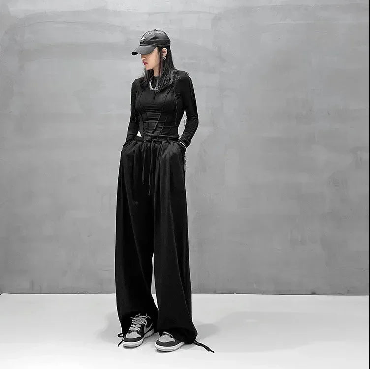 Women's Wide Leg Pants Black Size M Cotton 1