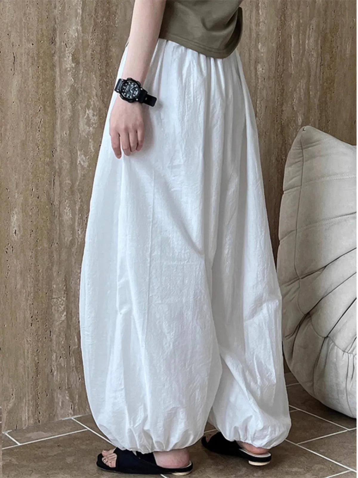 Women's Wide Leg Pants White Size M Cotton 4