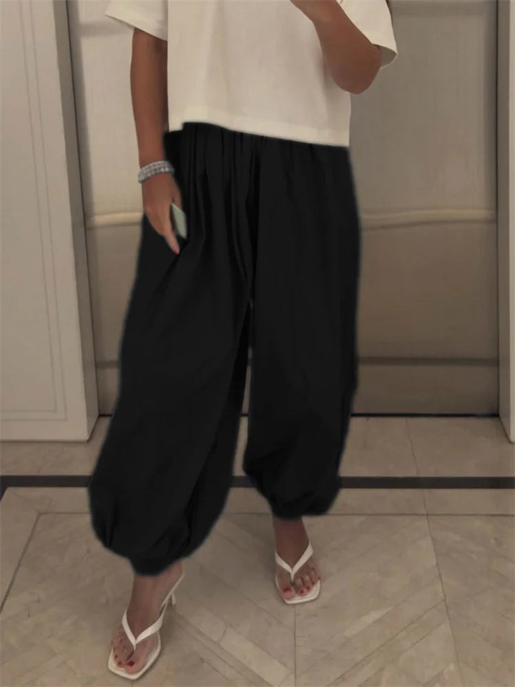 Women's Wide Leg Trousers Black Size M Polyester 4