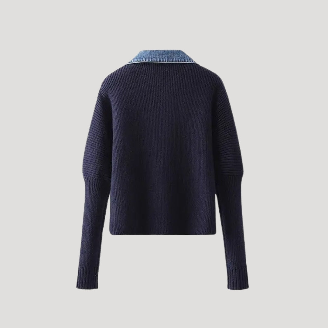 Women’s navy knit cardigan with denim trim 1