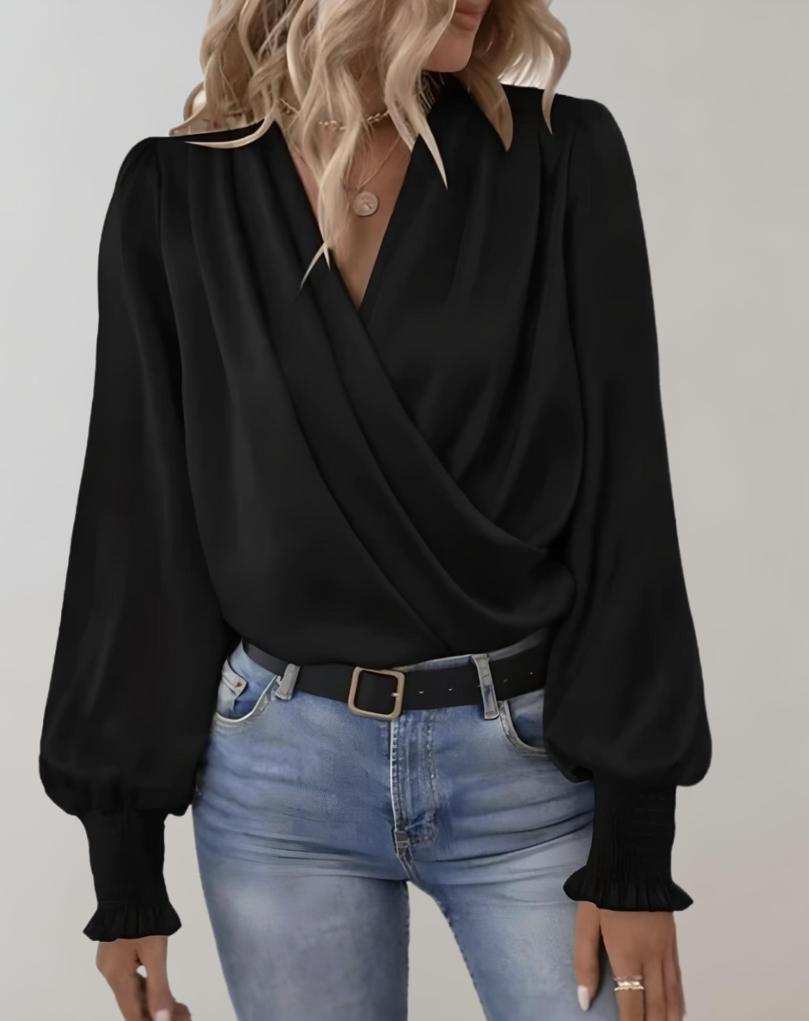 Satin Blouse – Draped Wrap Front & Shirred Cuffs – Elegant Day-to-Night