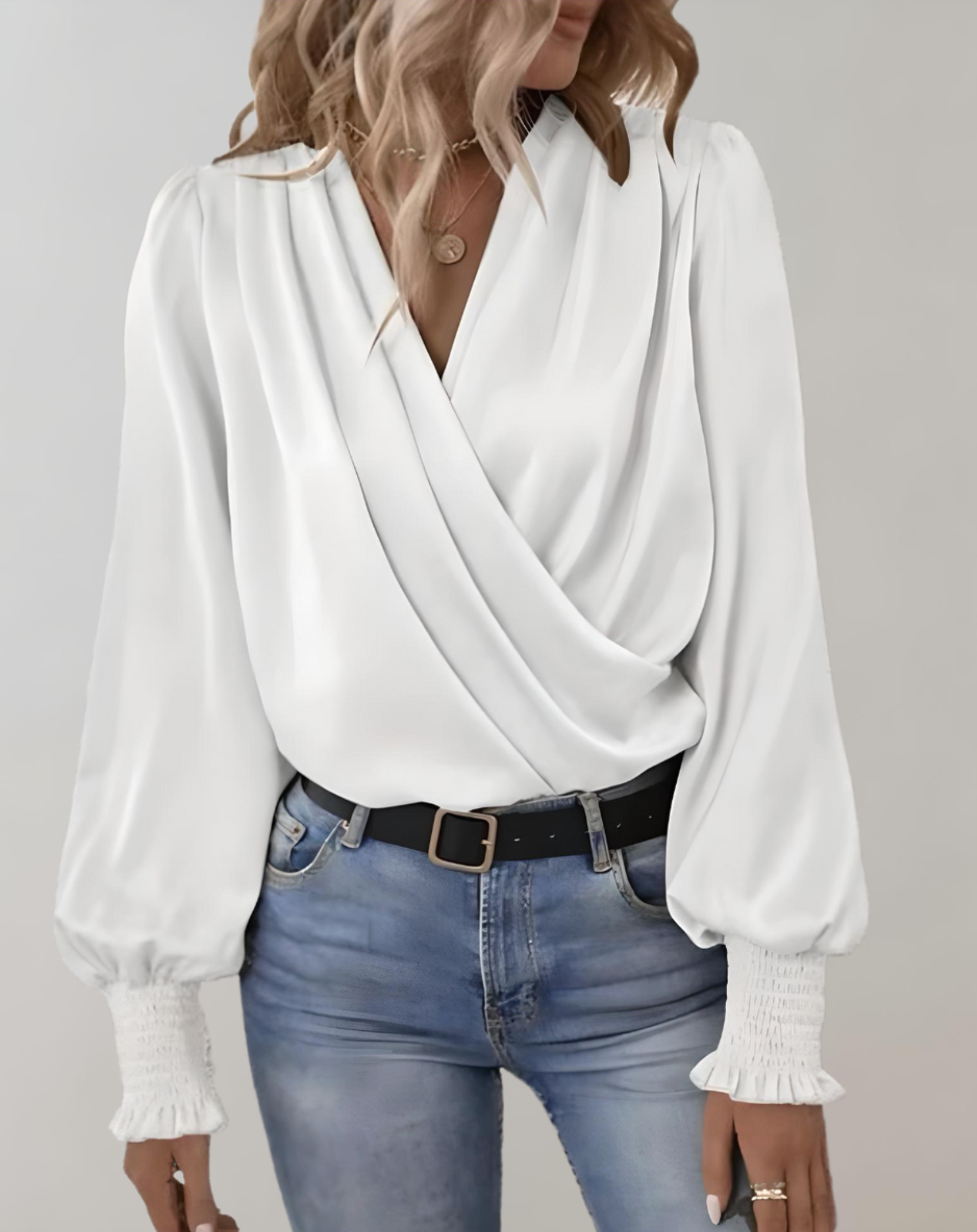 Satin Blouse – Draped Wrap Front & Shirred Cuffs – Elegant Day-to-Night