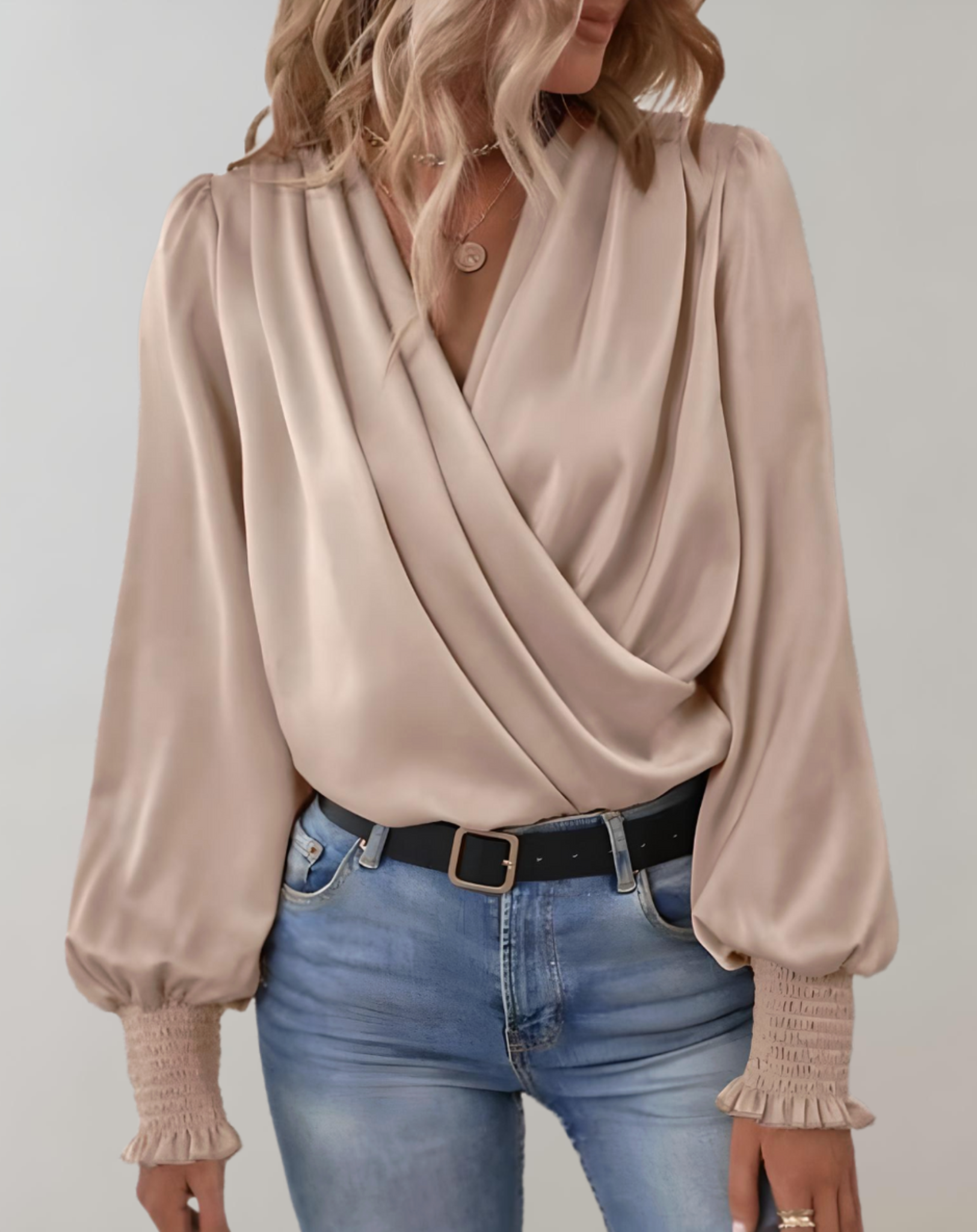 Satin Blouse – Draped Wrap Front & Shirred Cuffs – Elegant Day-to-Night