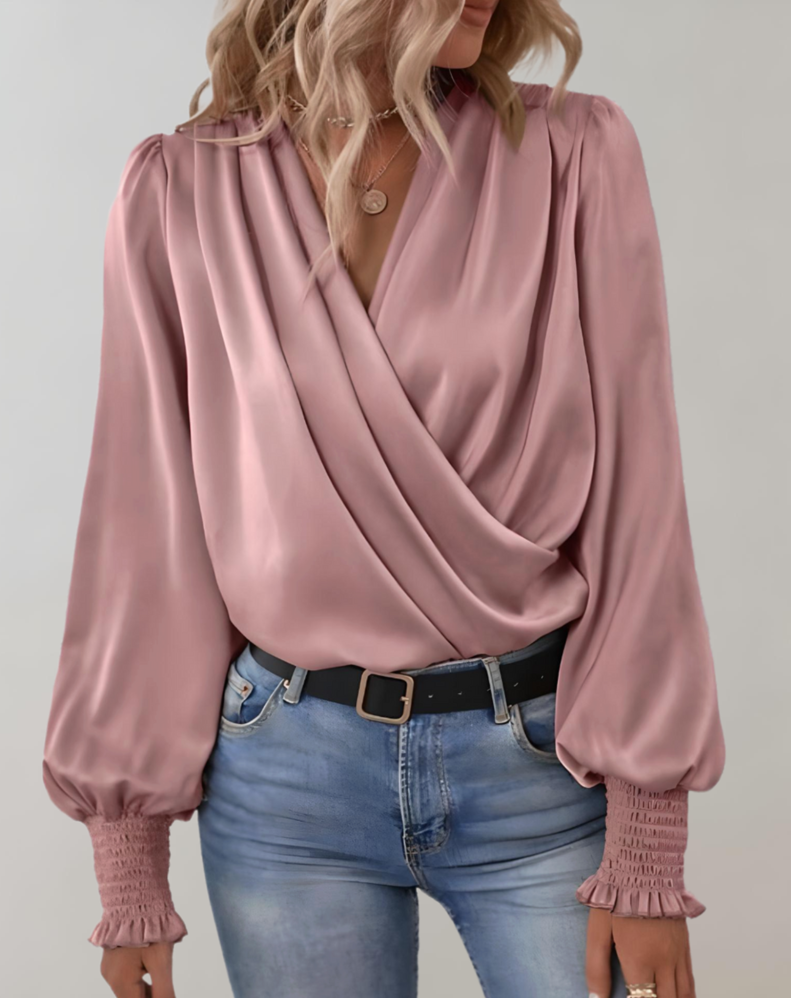 Satin Blouse – Draped Wrap Front & Shirred Cuffs – Elegant Day-to-Night