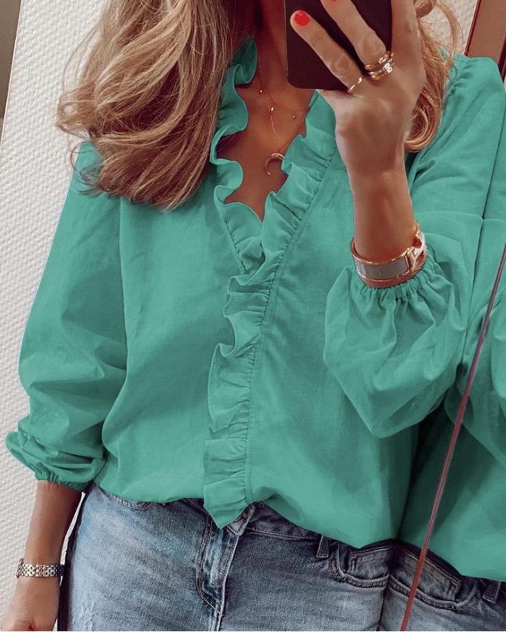 Blouse with Ruffles and V - Neck - Montford & Co