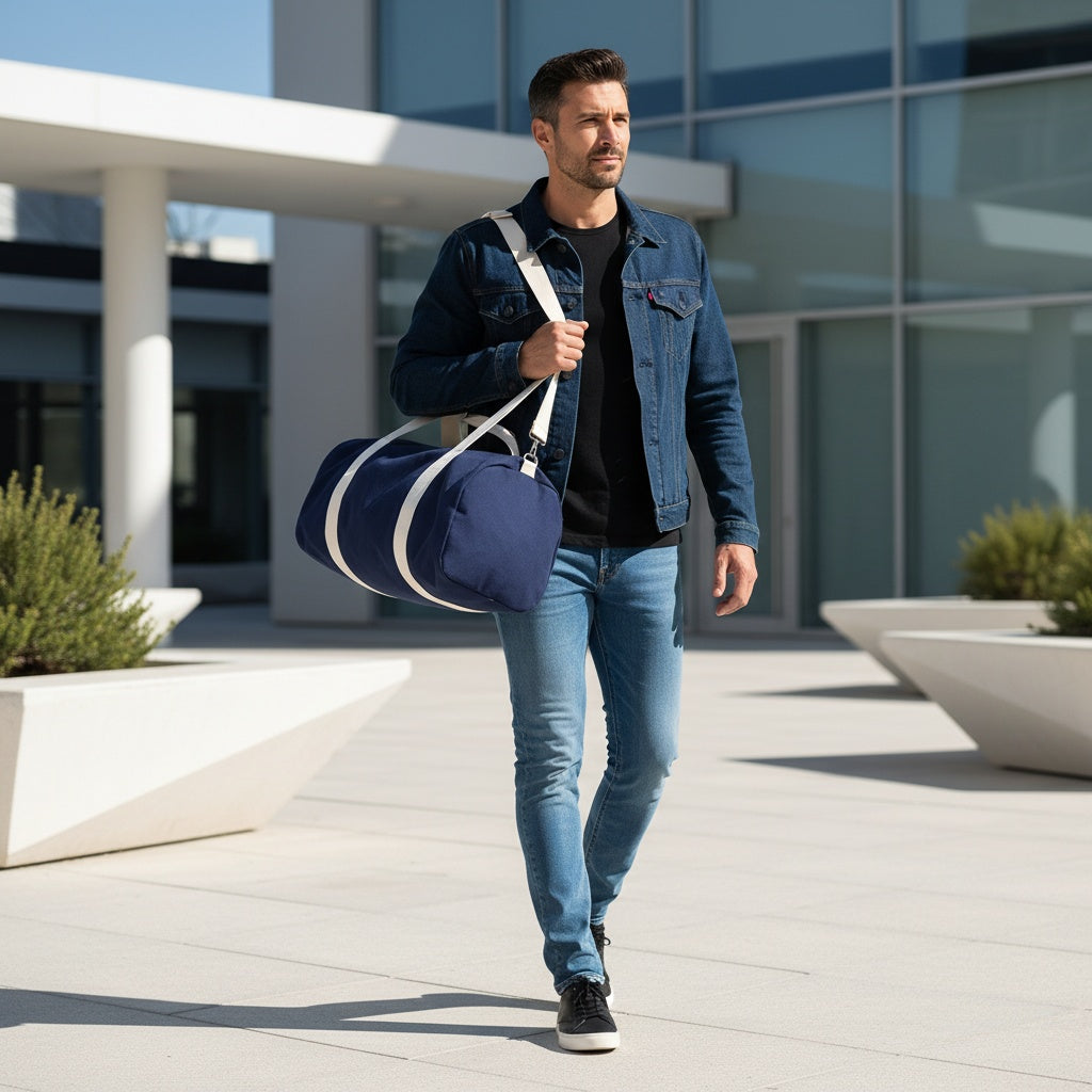 Man walking outdoors holding a blue duffel bag