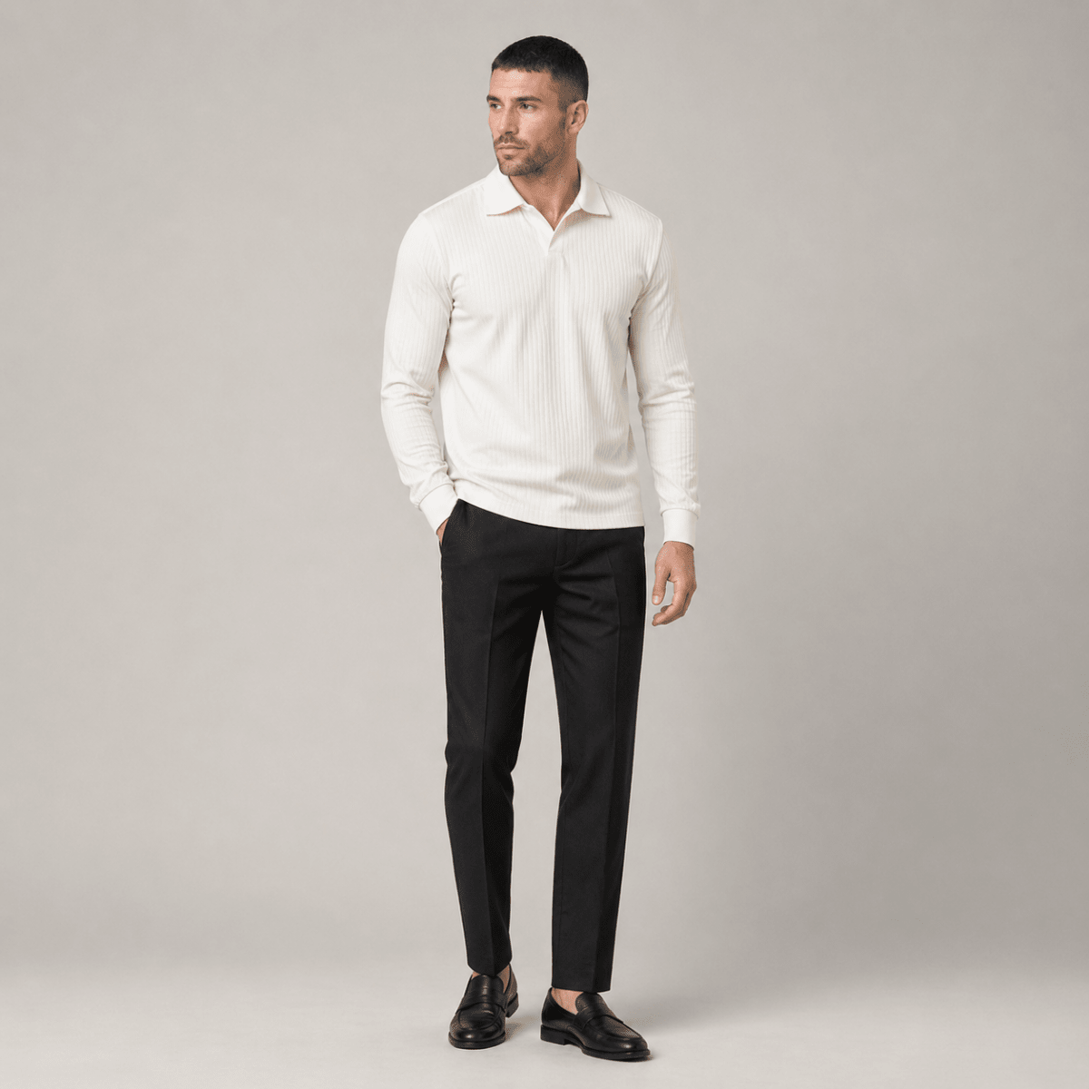 Casual Long Sleeve Ribbed Knit Polo Shirt - Montford & Co